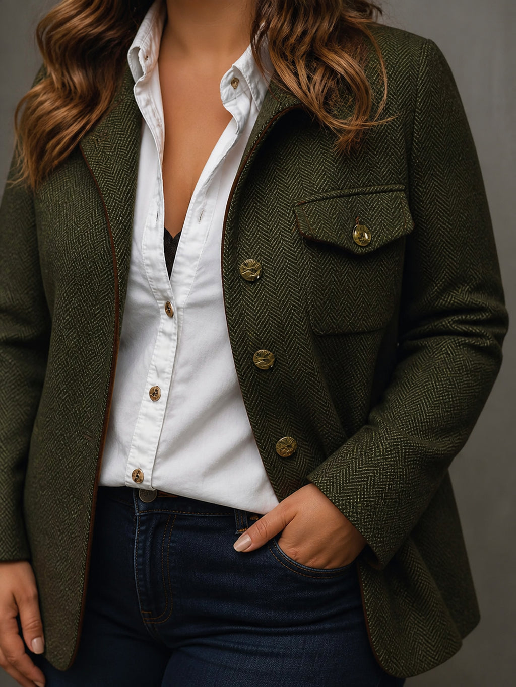 Women’s Vintage Herringbone Contrast Trim Blazer - Plus size model