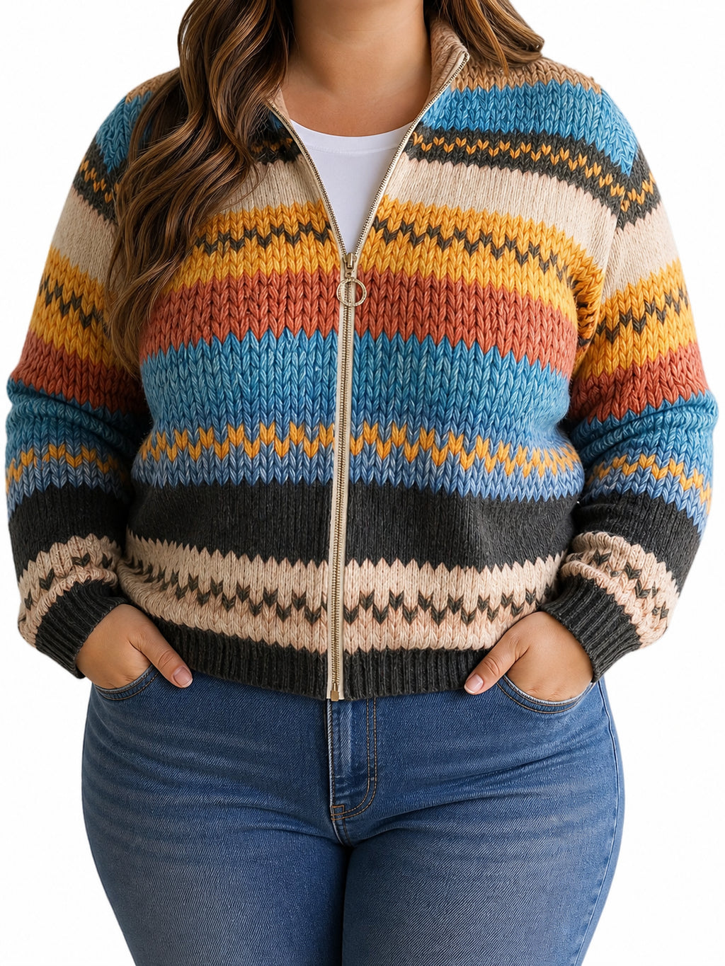 Cheryl | Multicolour Striped Zip Cardigan - Plus size model
