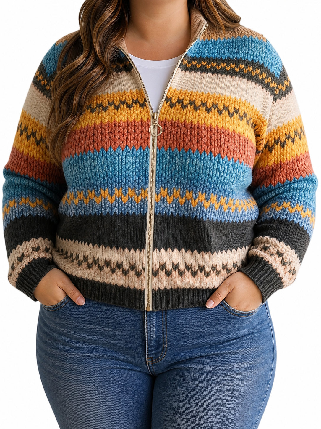 Cheryl | Multicolour Striped Zip Cardigan - Plus size model