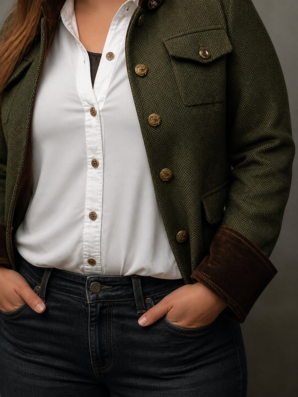 Women’s Vintage Herringbone Contrast Trim Blazer - Plus size model