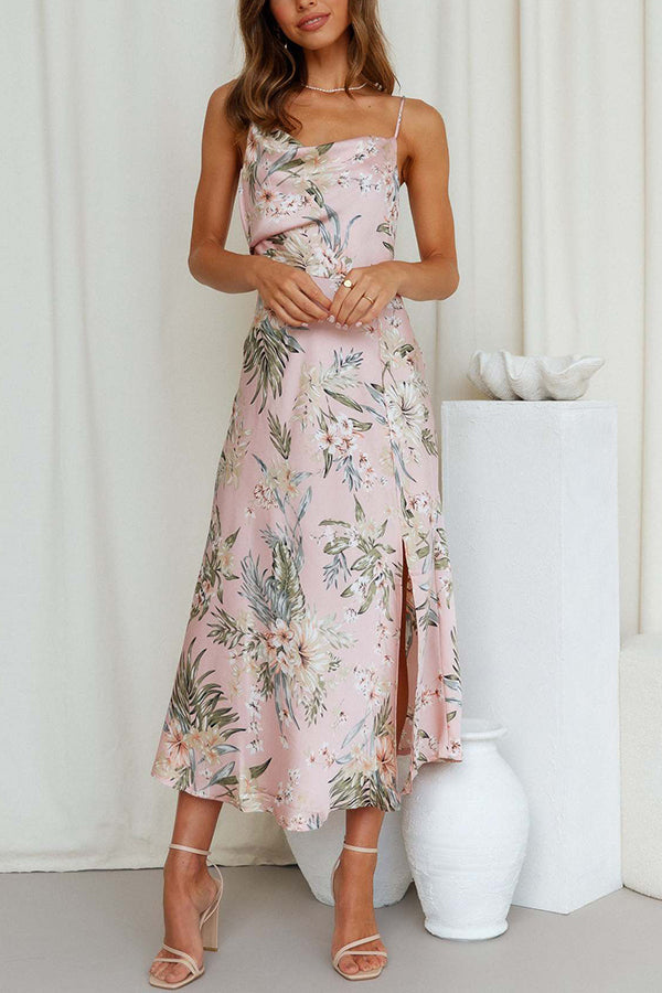 Destiny - Everything You Need Satin Floral Cowl Neck Slit Midi Dress