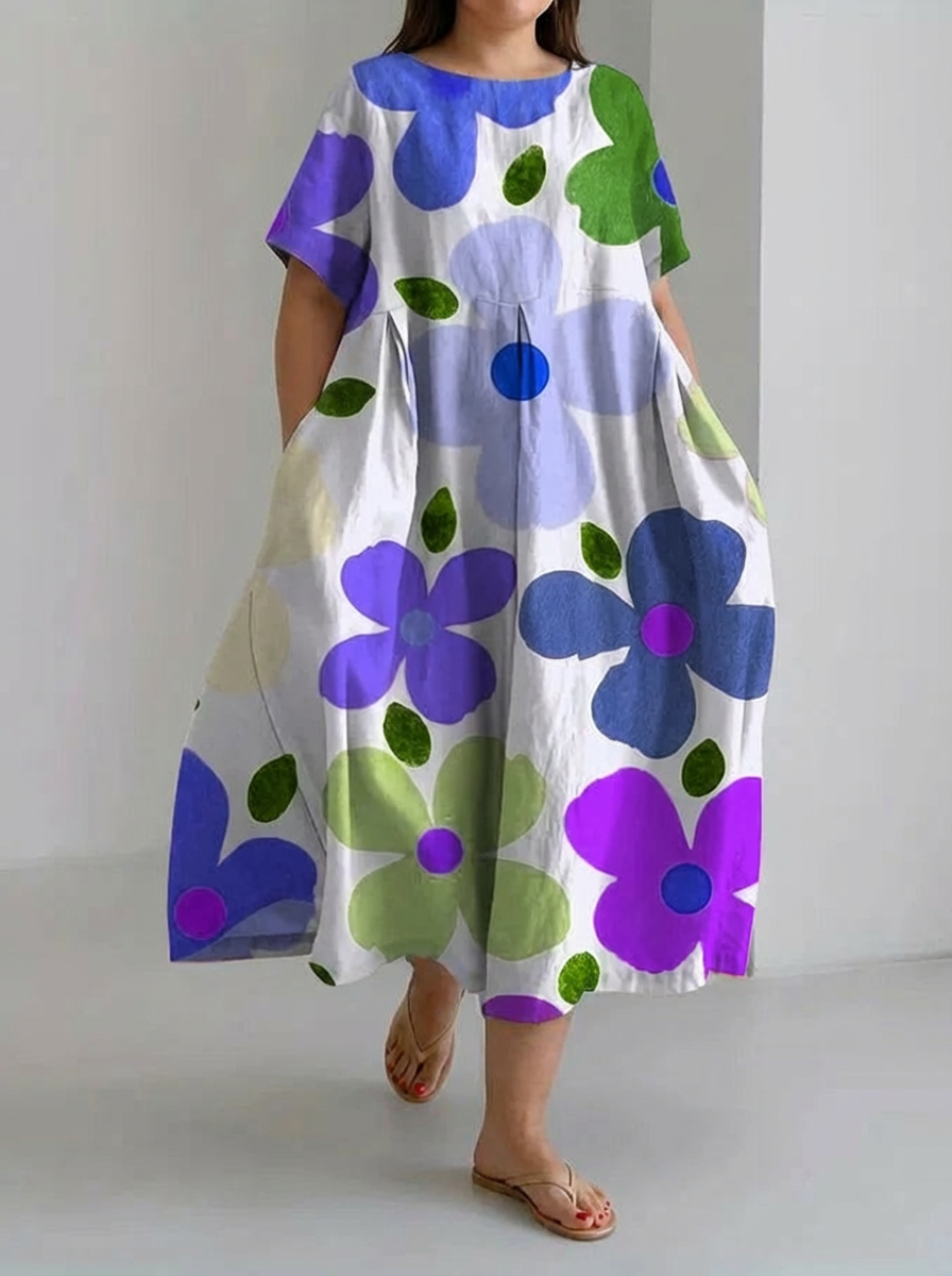Women's Retro Botanical Floral Design Printed Casual Loose Dress - Plus size model