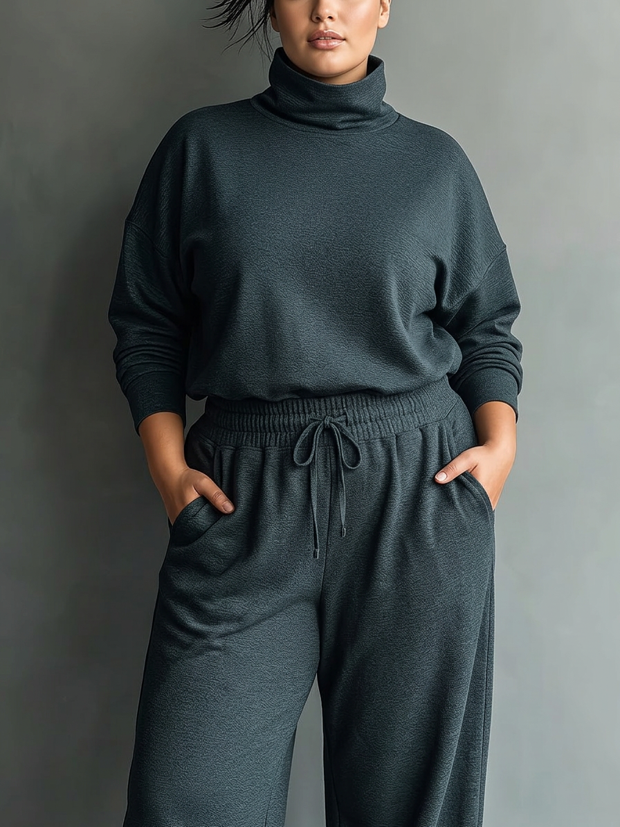 Women's Charcoal Knit Set with High Neck and Wide Leg Pants - Plus size model