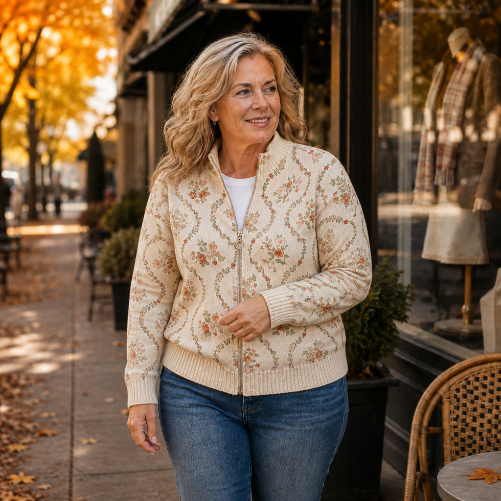 Janet | Romantic Floral Zip Cardigan - Plus size model