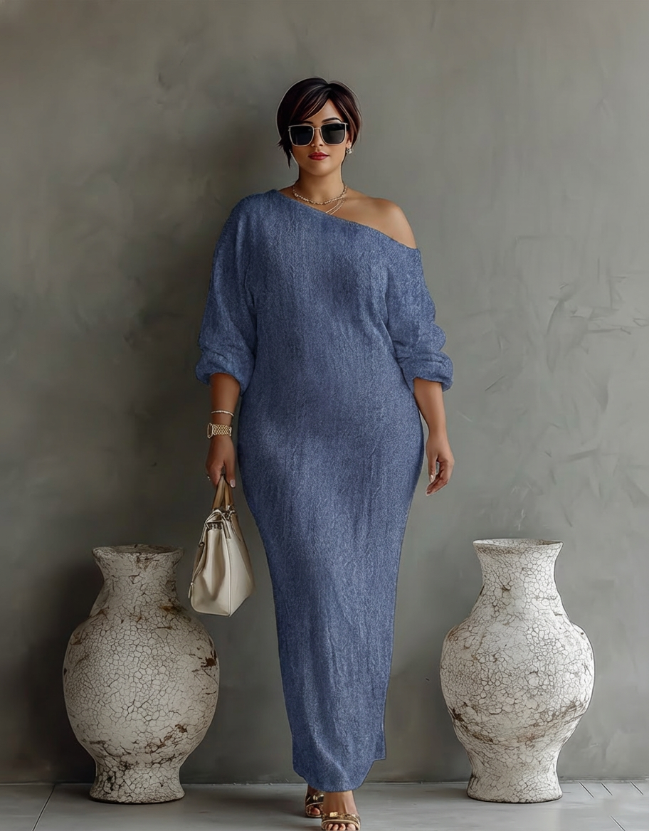 Elegant Flowing Dress in Ivory White with Off-Shoulder - Plus size model
