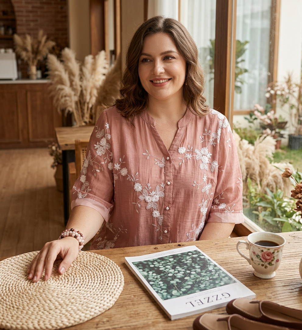 Mia - Pure Cotton Embroidered Shirt - Plus size model