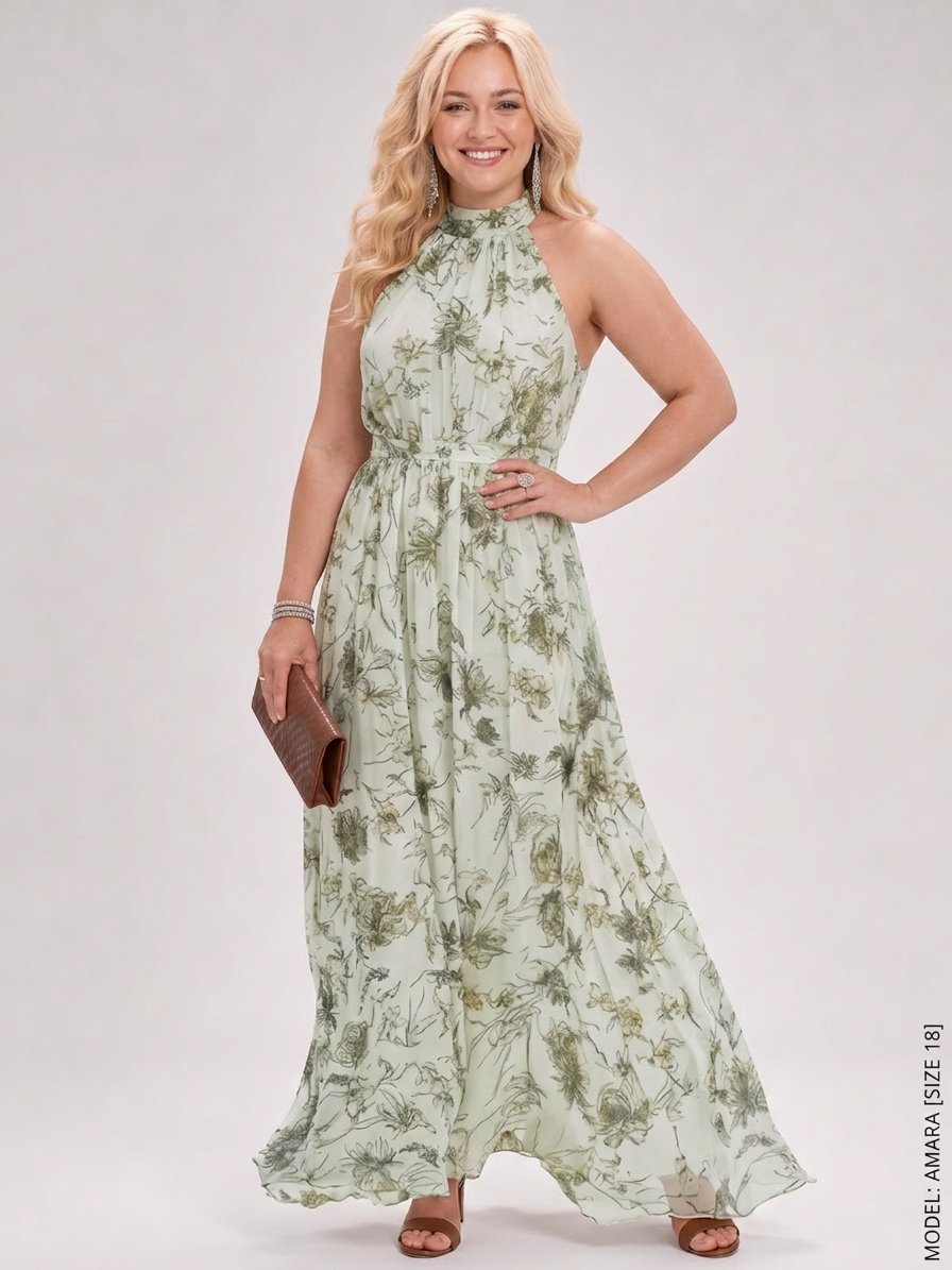 Guinevere | Floral Print Flowing Skirt Midi Dress - Plus size model