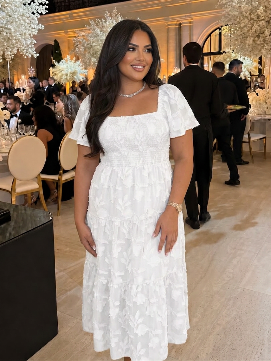 Elaria | Short Sleeve Textured Floral Detail Midi Dress - Plus size model