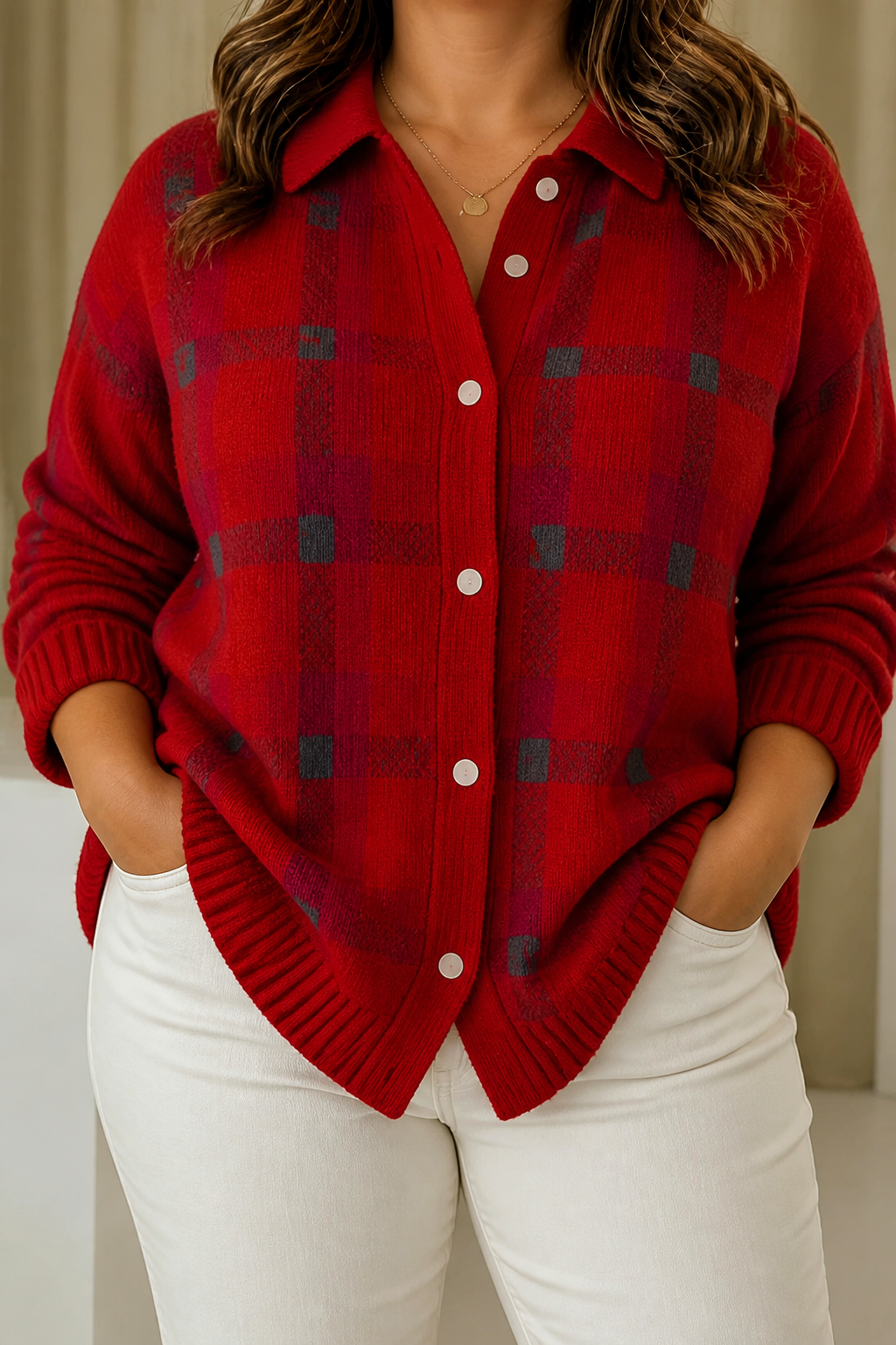 Brittany | Soft Plaid Button Cardigan - Plus size model