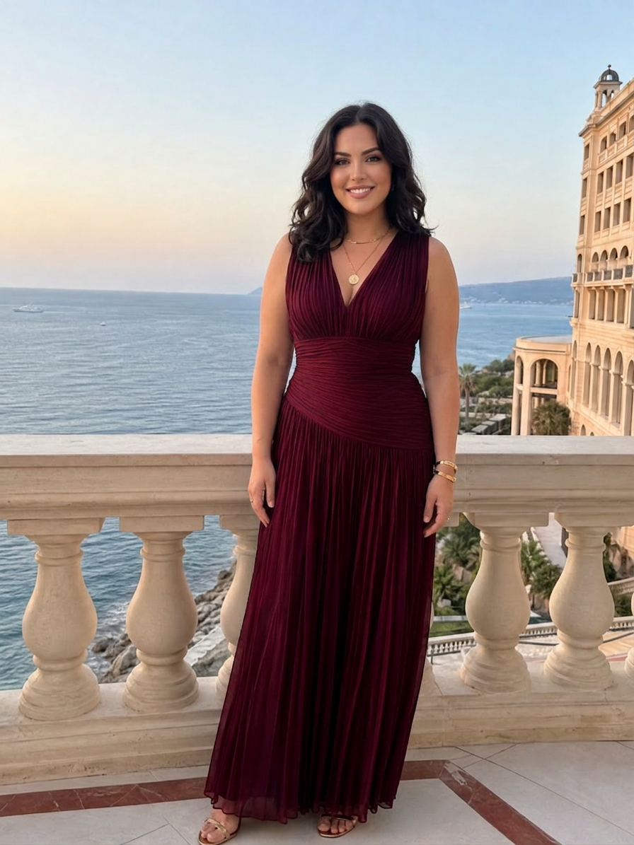 Lemar | Sleeveless Pleated V Neck Midi Dress - Plus size model