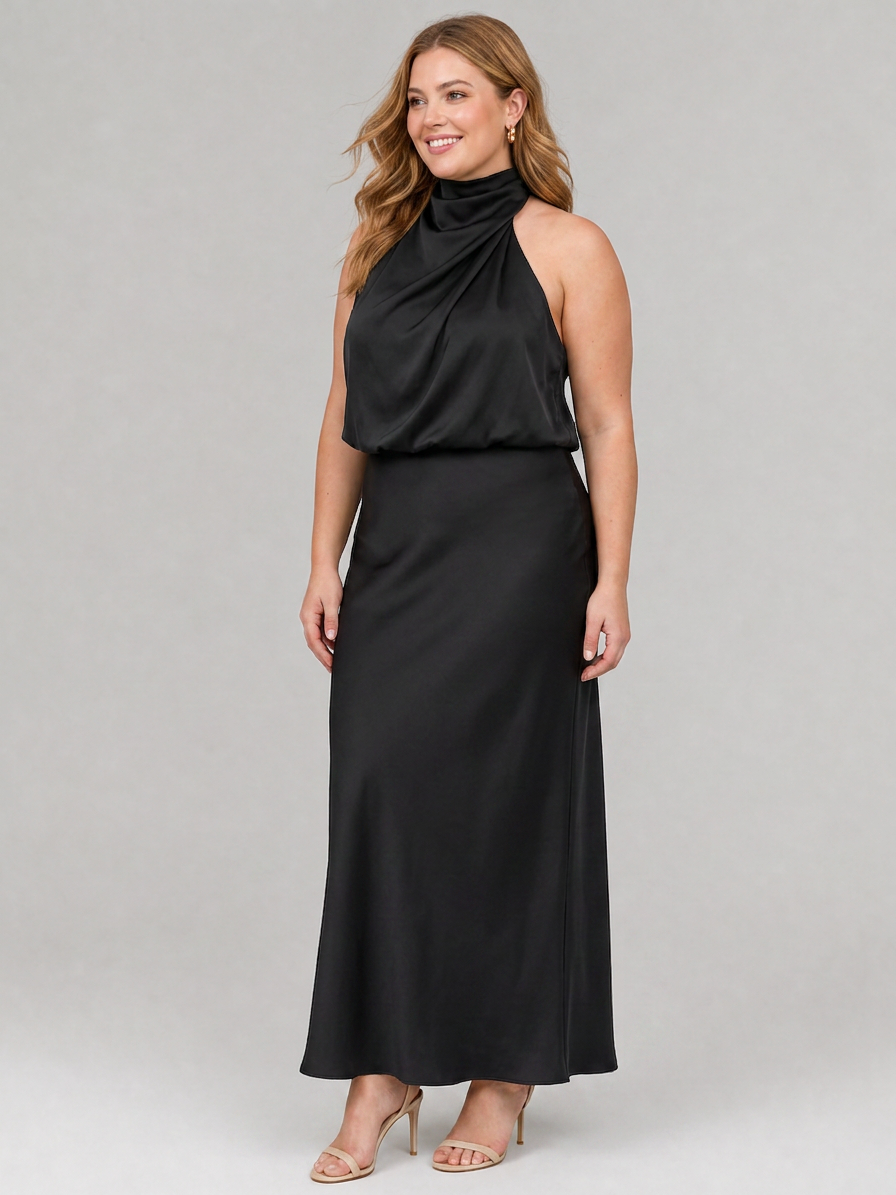 Nopal | Sleeveless Draped Neck Midi Dress - Plus size model