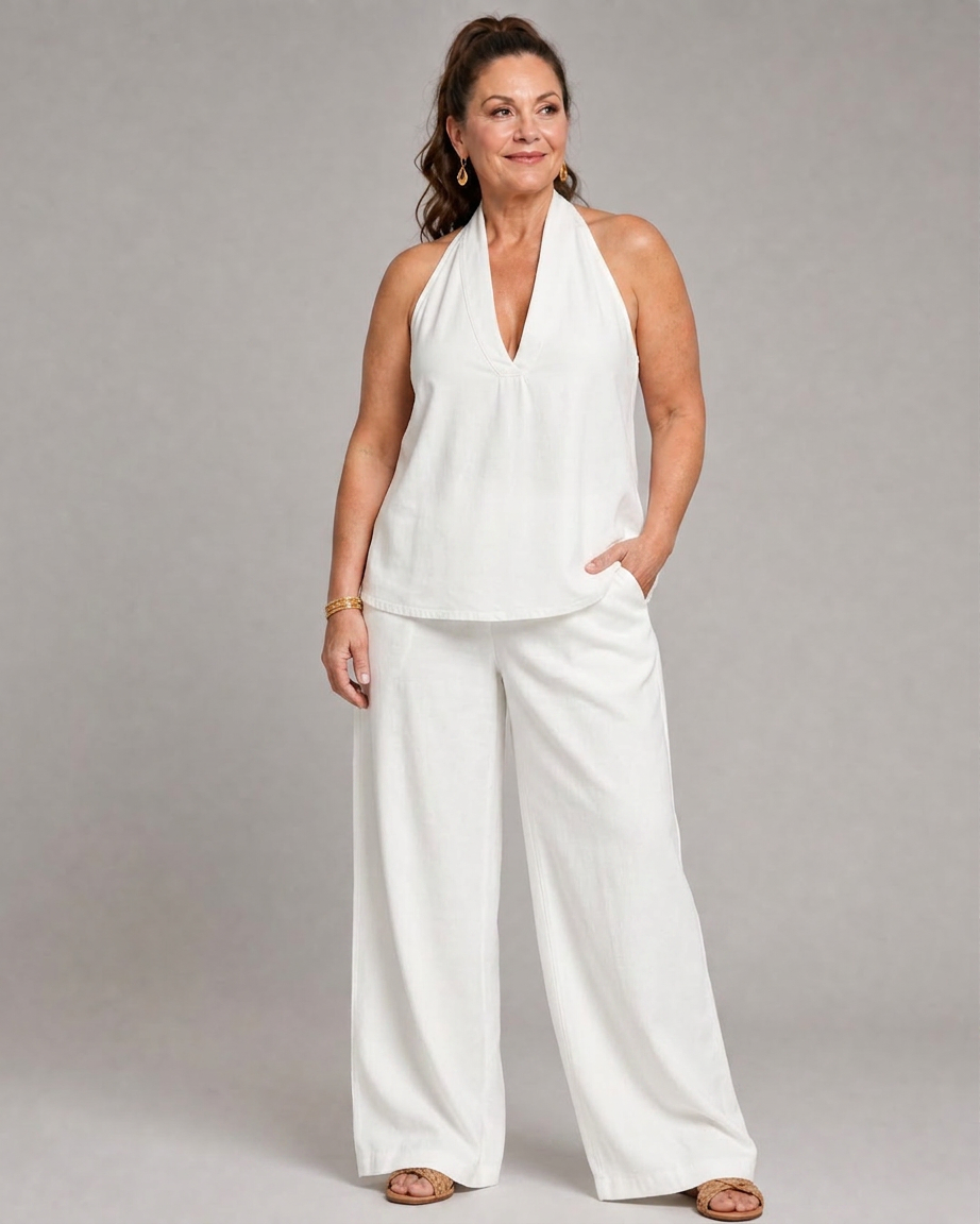 Zorelle | Halter Neck Denim Top And Wide Leg Pants Set - Plus size model