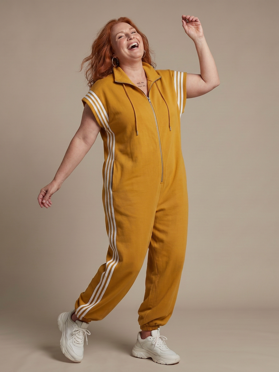 Lark | Zip Front Stripe Panel Jumpsuit - Plus size model
