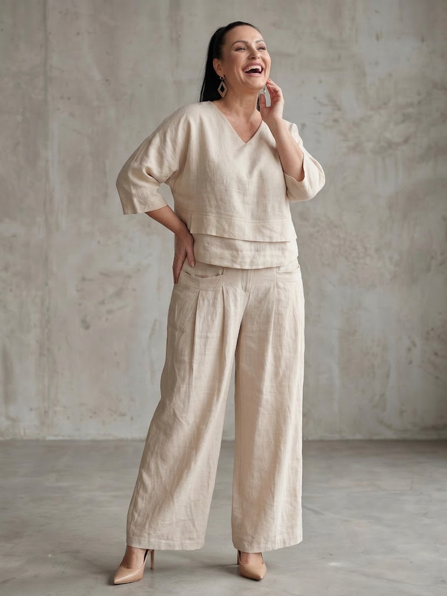 River | Layered Top Wide Leg Set - Plus size model