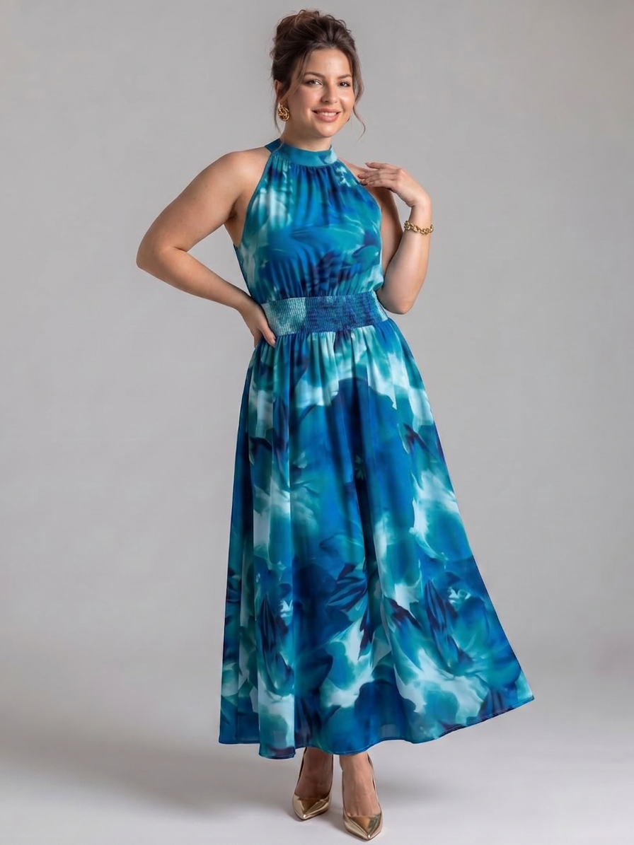 Olivia | Gathered Waist Abstract Print Midi Dress - Plus size model