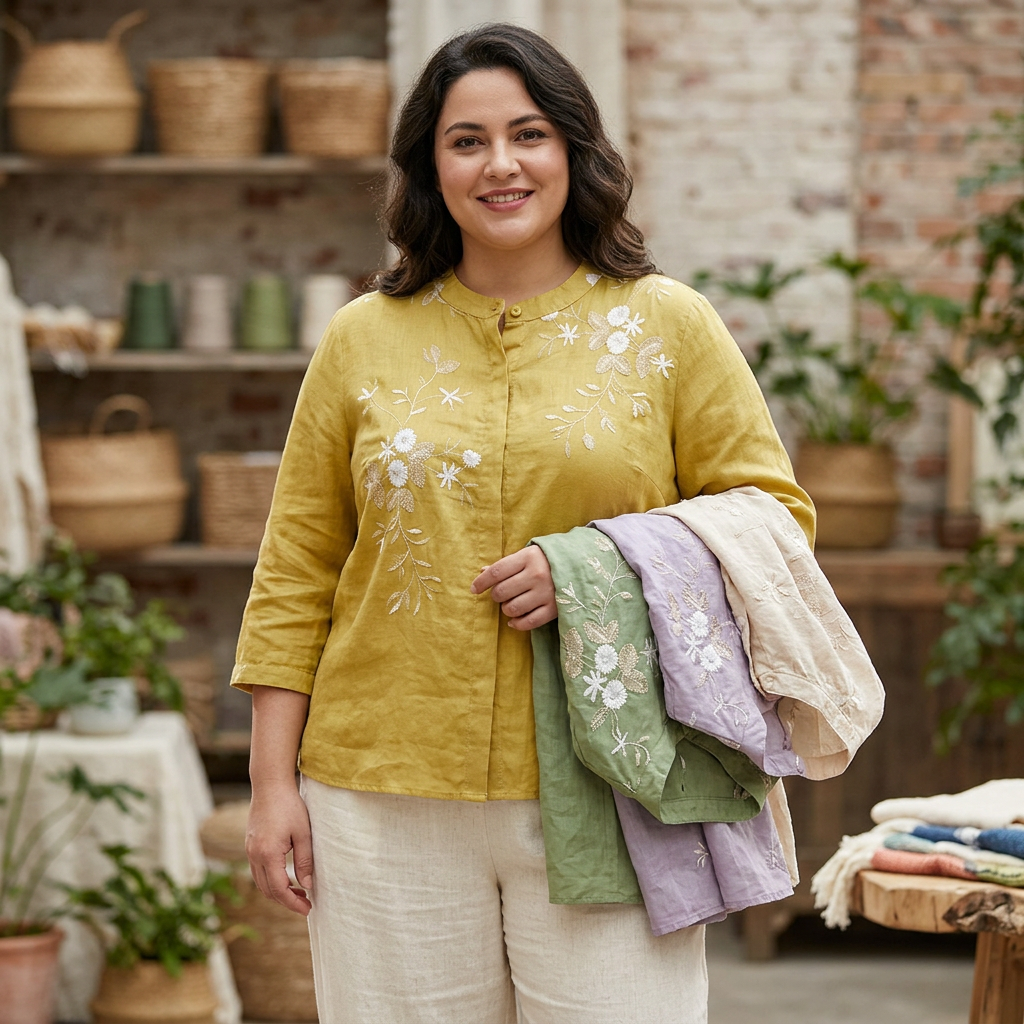 Lily - Pure Cotton Embroidered Shirt - Plus size model
