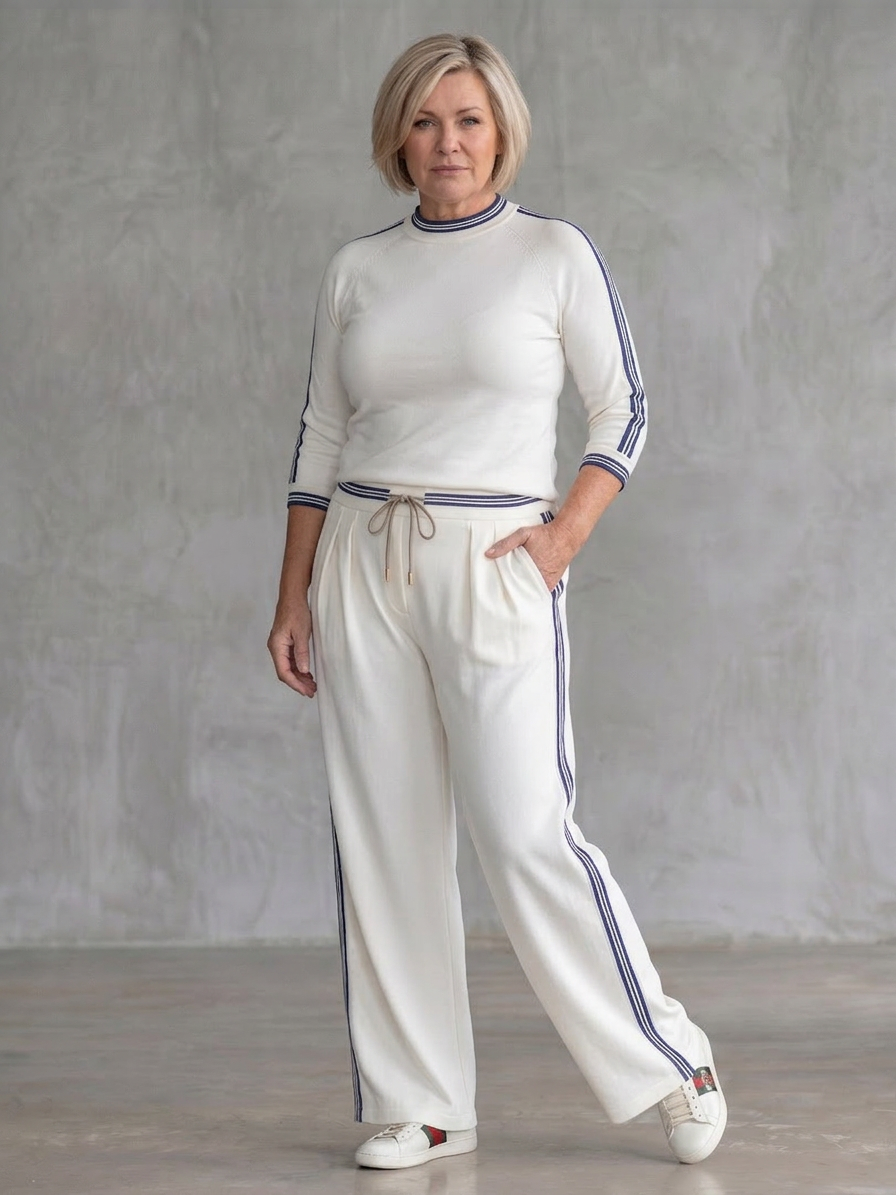 Eirlys | Fitted Long Sleeve Top Wide Leg Pants Set - Plus size model