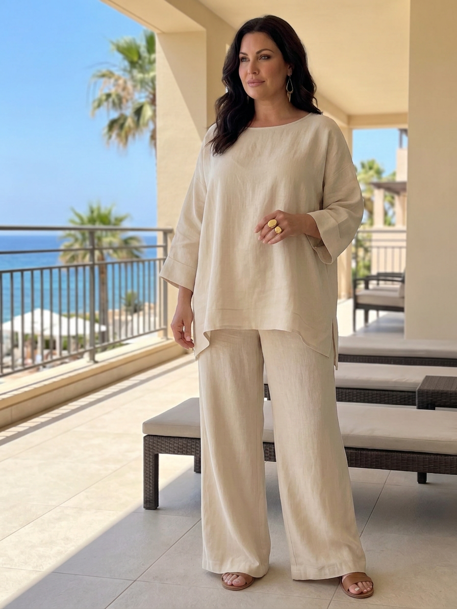 Prue | Oversized Tunic Wide Leg Pant Set - Plus size model