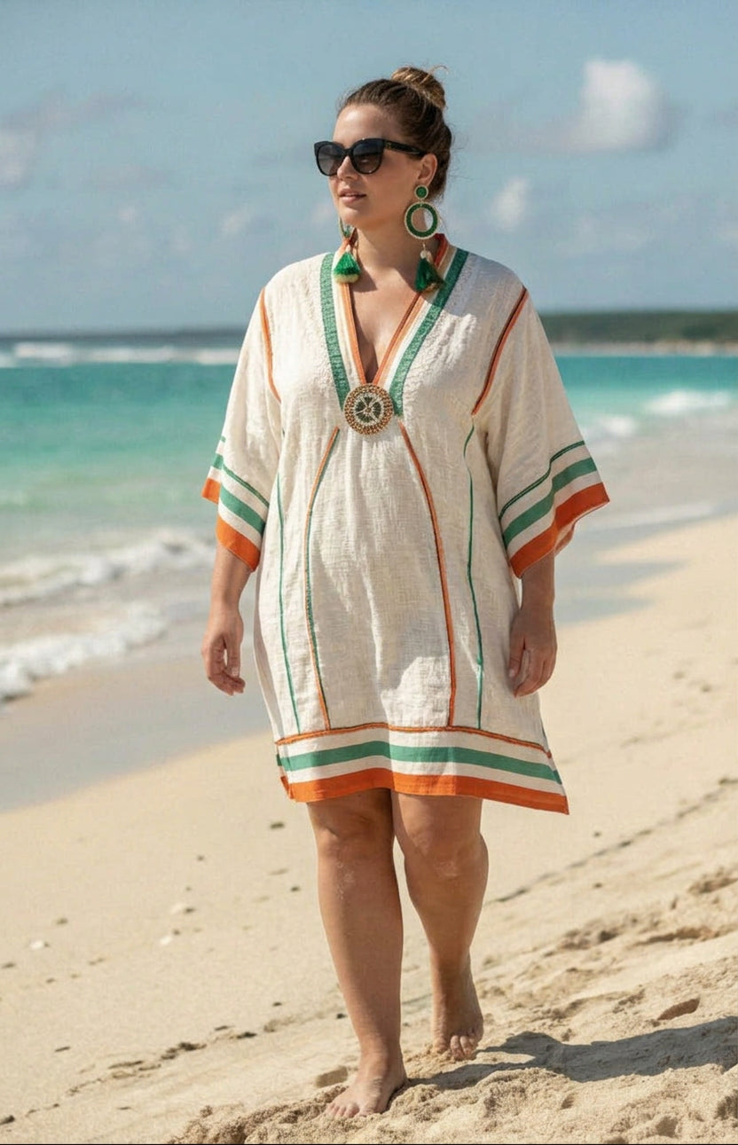 Marisca | Coastal Stripe Embroidered Mini Dress - Plus size model
