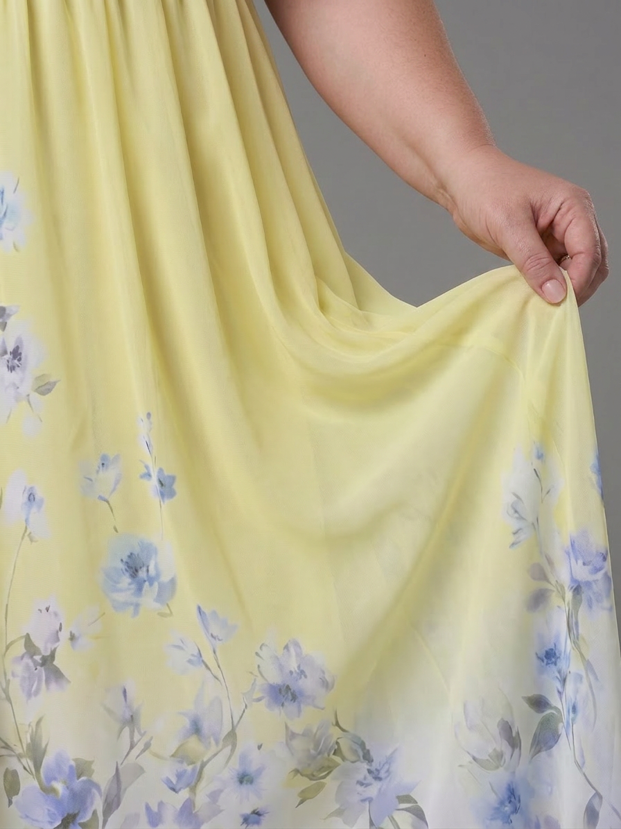 Clarissa | Sleeveless V Neck Soft Floral Hem Midi Dress - Plus size model