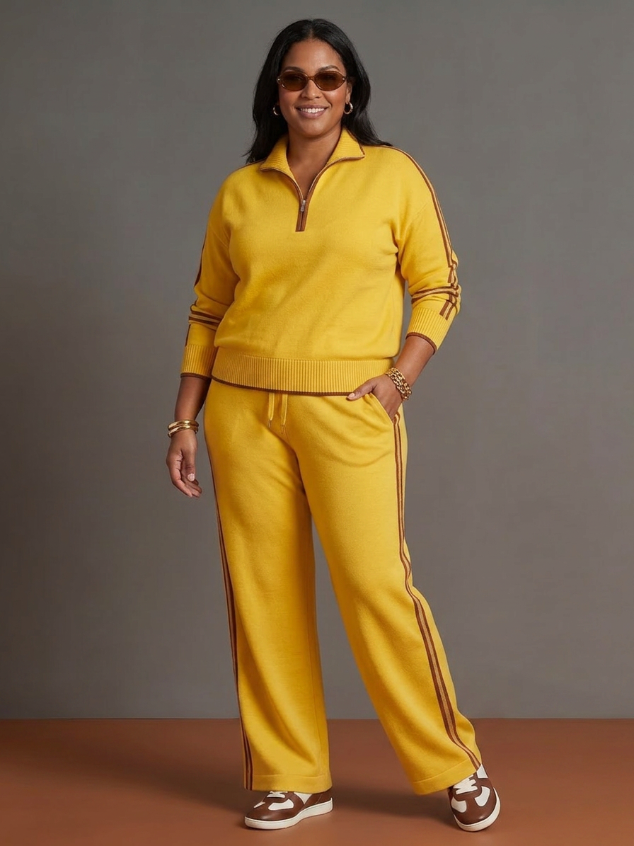 Rain | Zip Neck Long Sleeve Side Stripe Leg Pants Set - Plus size model