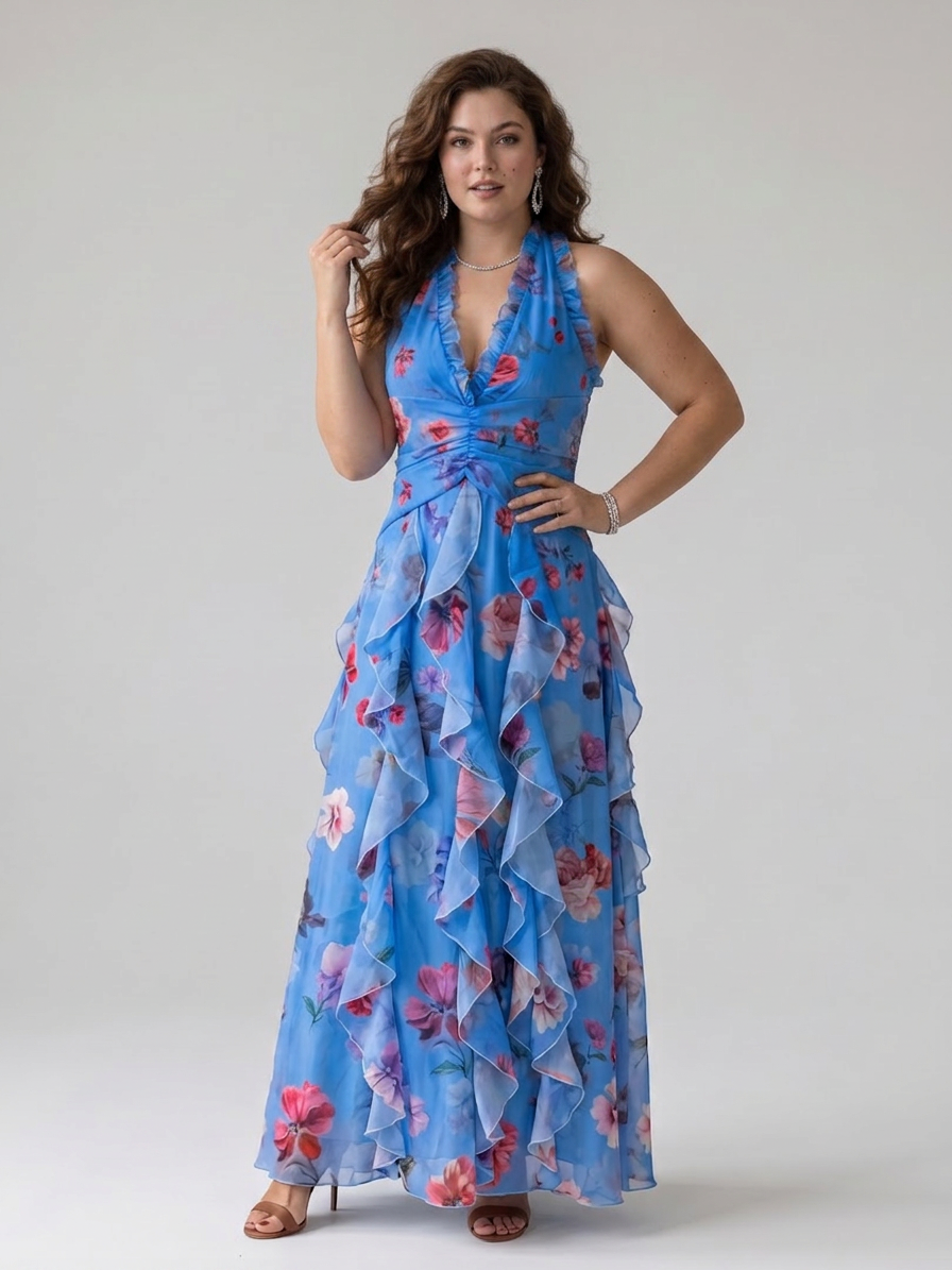 Nori | Halter Neck Ruched Bodice Floral Maxi Dress - Plus size model