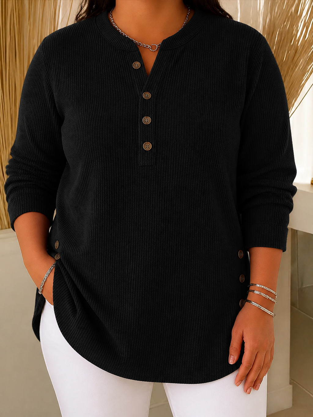 Neva | Button Henley Tunic - Plus size model