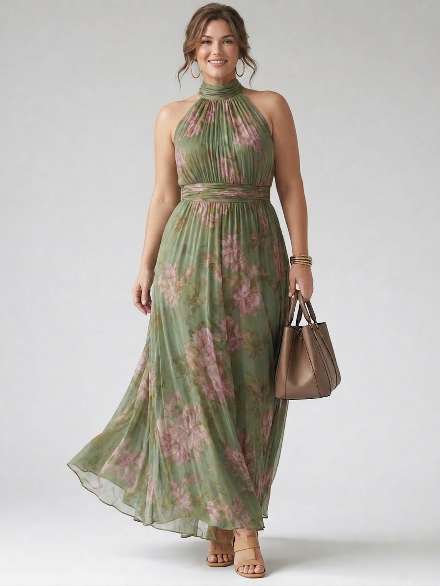 Mirelle | Gathered Halter Midi Dress - Plus size model