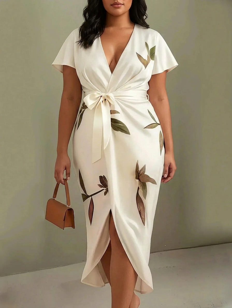 Judy | White Leaf Short Sleeve Satin Midi Dress - Plus size model