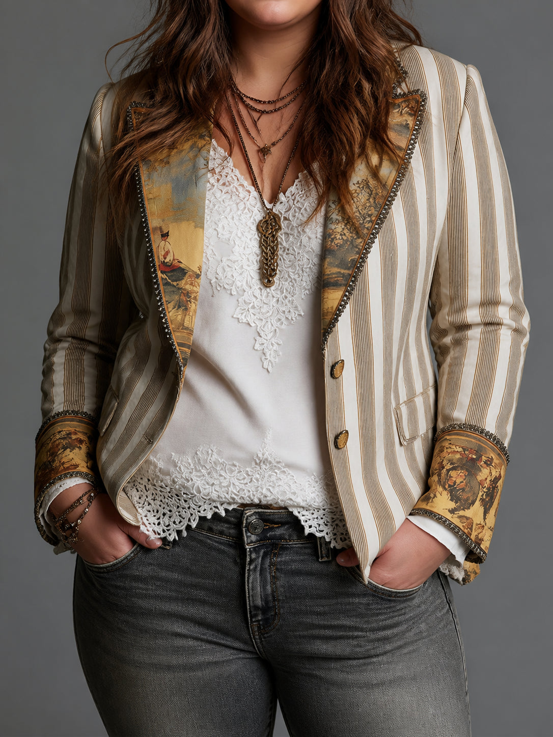 Women’s Boho Striped Printed Lapel Blazer - Plus size model