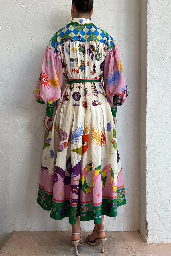 Crystal - Retro French court style pleated maxi print dress