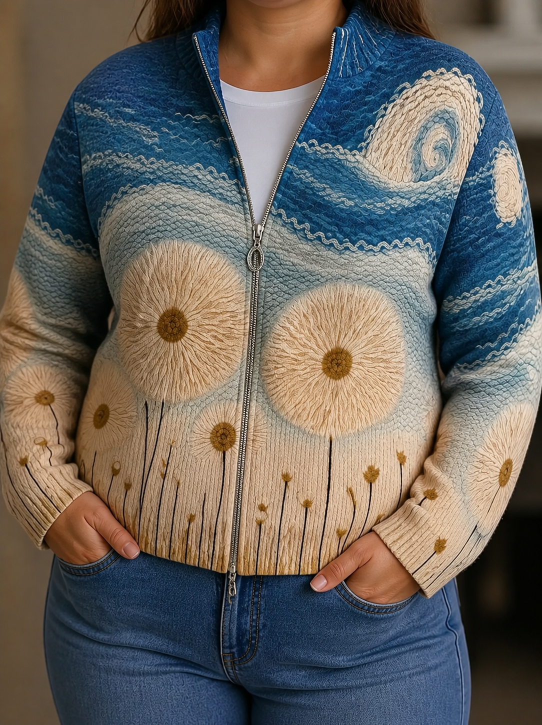 Deborah | Dandelion Art Zip Cardigan - Plus size model