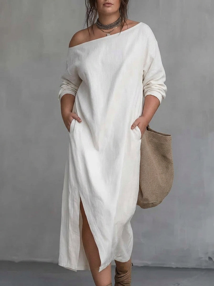 Selene Off-Shoulder Slit Dress: Modern Minimalist Elegance - Plus size model
