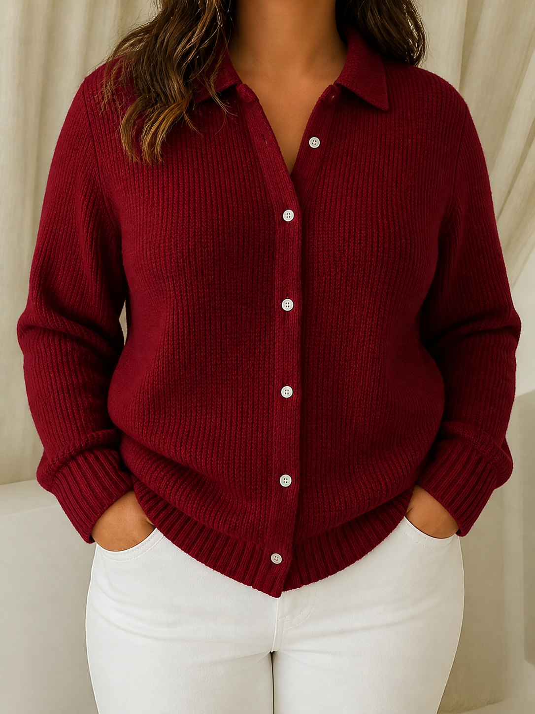 Katrina | Textured Knit Button Cardigan - Plus size model