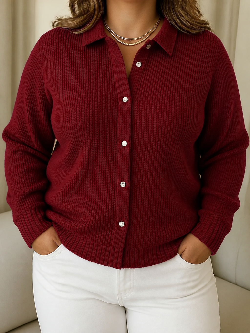 Camille | Textured Knit Button-Up Cardigan - Plus size model