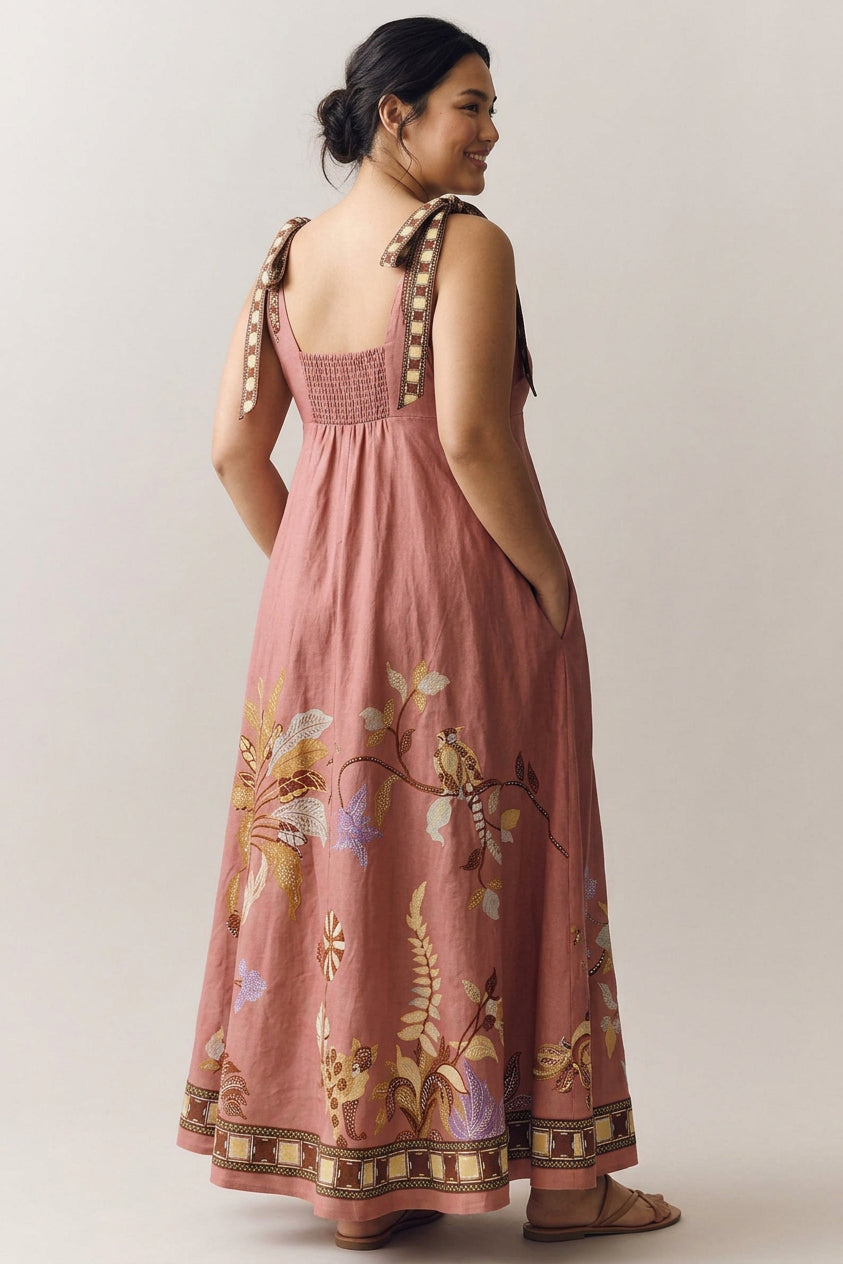 Monroe - Linen Blend Unique Printed Tie-up Suspenders Pocket Elegant Maxi Dress - Plus size model