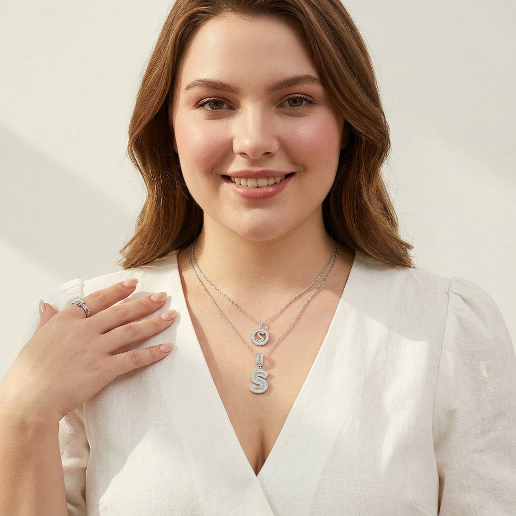 Pave letter initial necklace set | White Gold - Plus size model