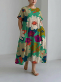 Women's Colorful Floral Loose Round Neck Medium Length Skirt Dress - Plus size model