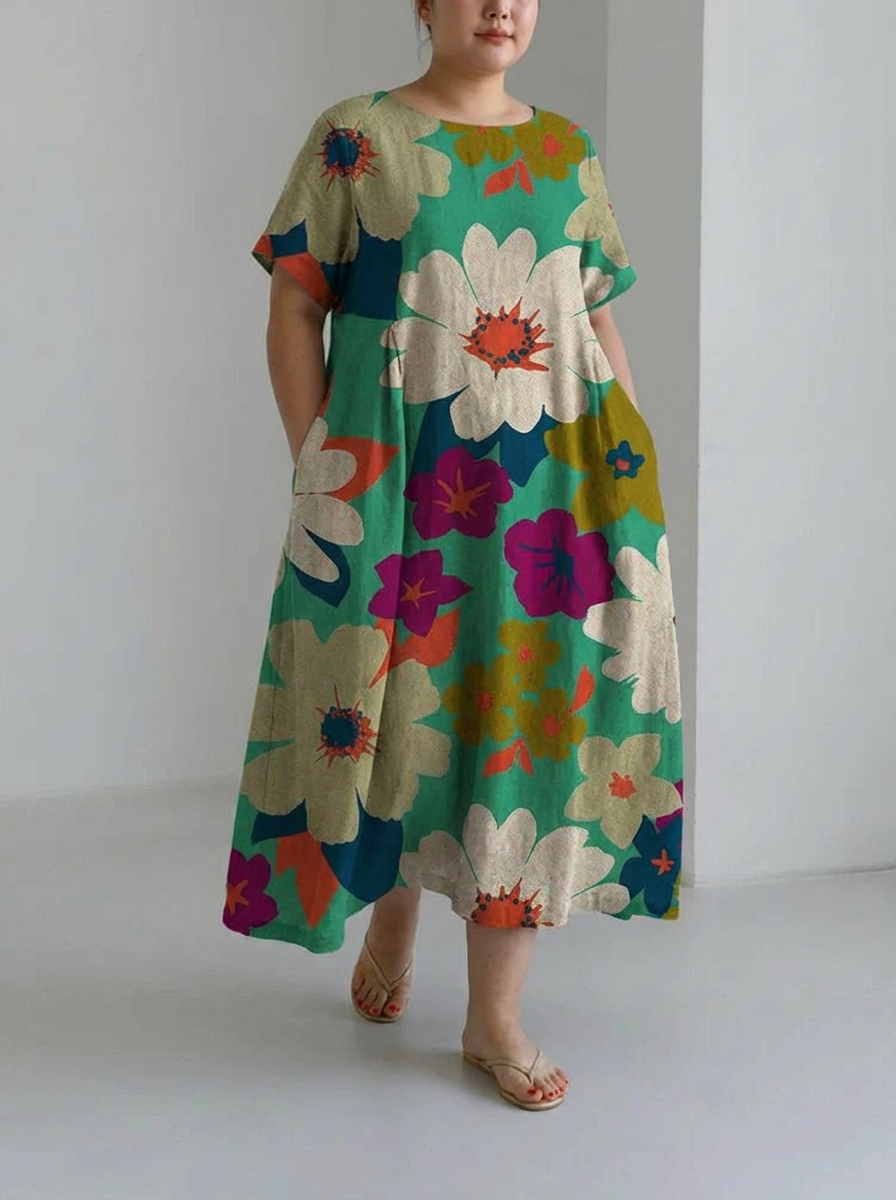 Women's Colorful Floral Loose Round Neck Medium Length Skirt Dress - Plus size model