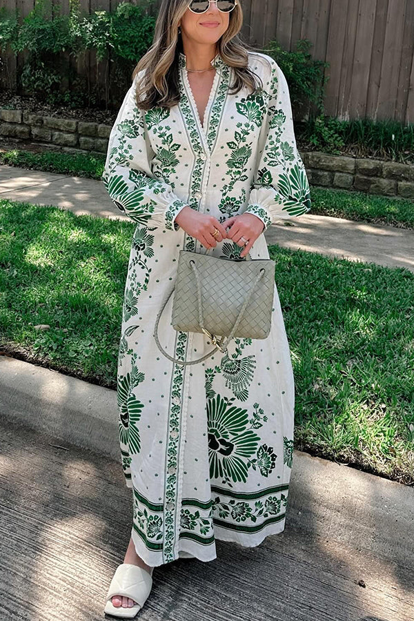 Angela - Unique Print Button Down Long Sleeve Shirt Maxi Dress
