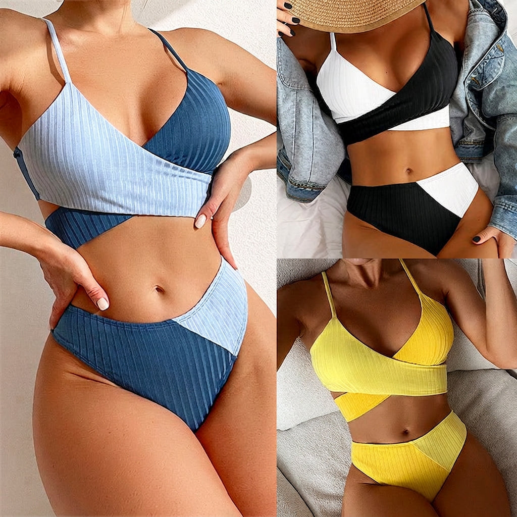 Colorblock Ribbed Cross-Wrap Bikini Set - Plus size model