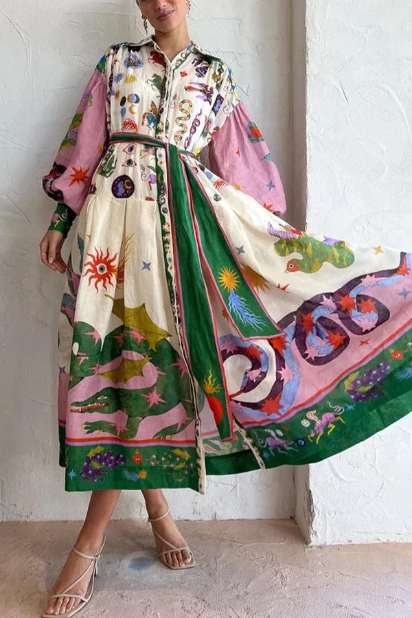 Crystal - Retro French court style pleated maxi print dress