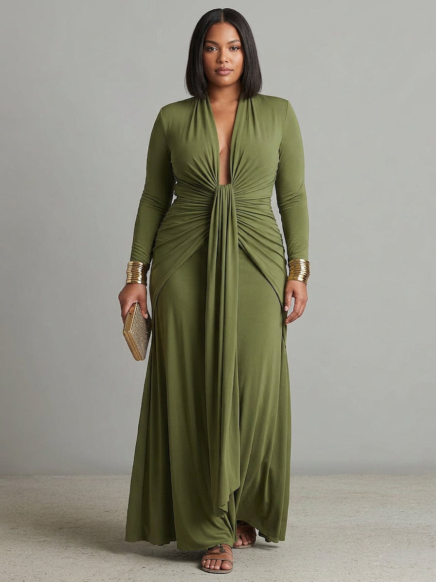 Olive Green Long Dress in Stretch Silk with Deep V-Neck and Ruffled Details, Glamour Maxi Dress - Plus size model