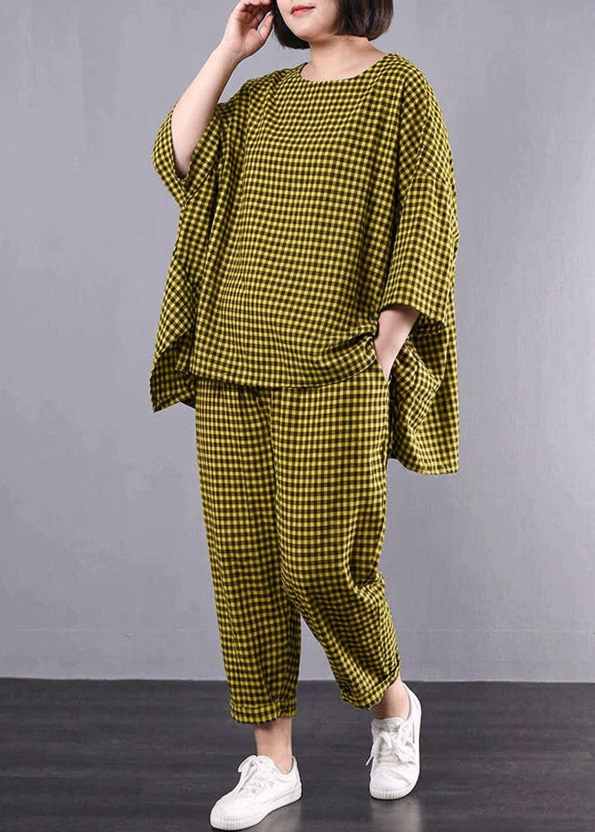 Penelope - Casual Plus Size Cotton Linen red Plaid Vintage Blouse And Pants - Plus size model