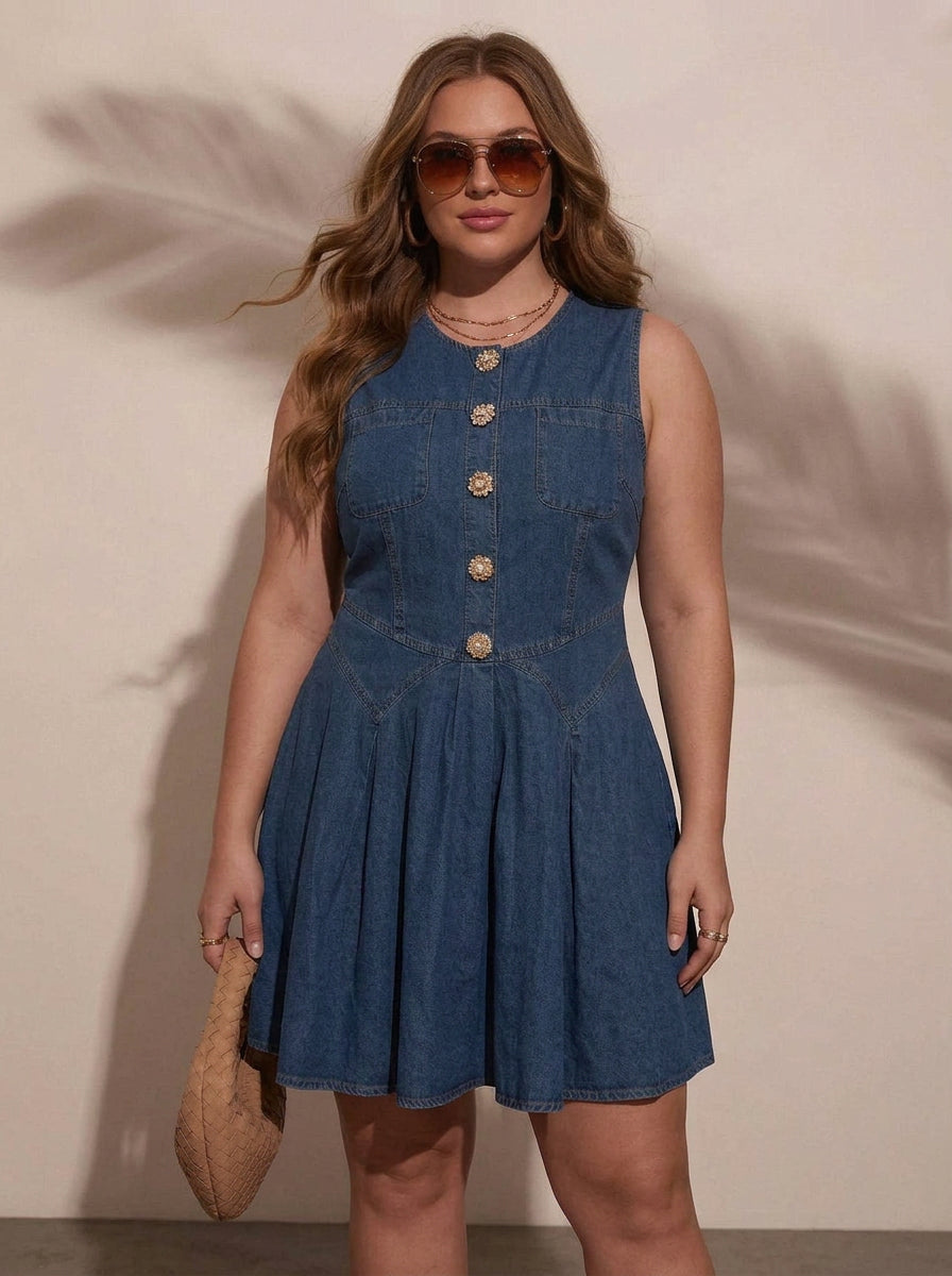 Mary Sleeveless Denim Dress - Plus size model