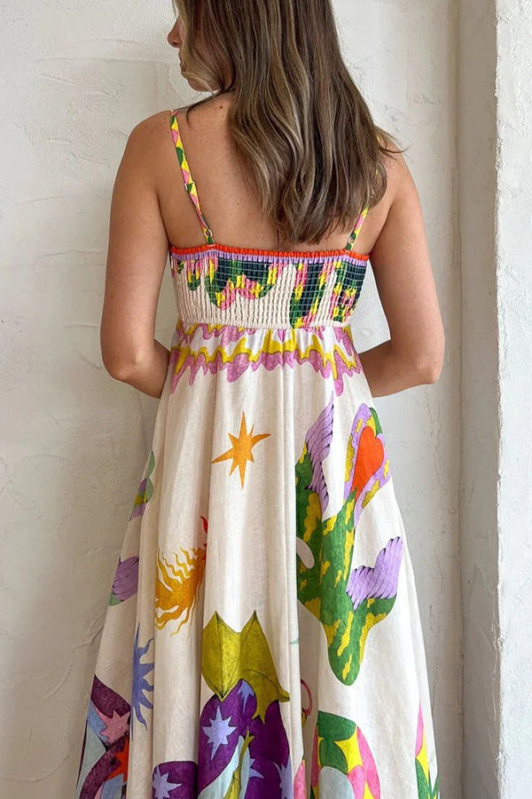 Kayla - Feel Effortlessly Linen Blend Unique Print Smocked Back Midi Dress