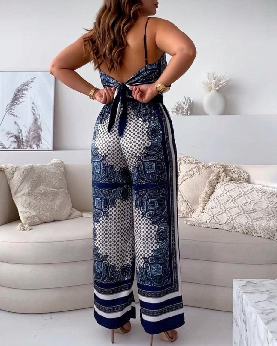 Helen | Vacation Ready Stylish Lace-Up Vest & Pants Two-Piece Set Dress - Plus size model