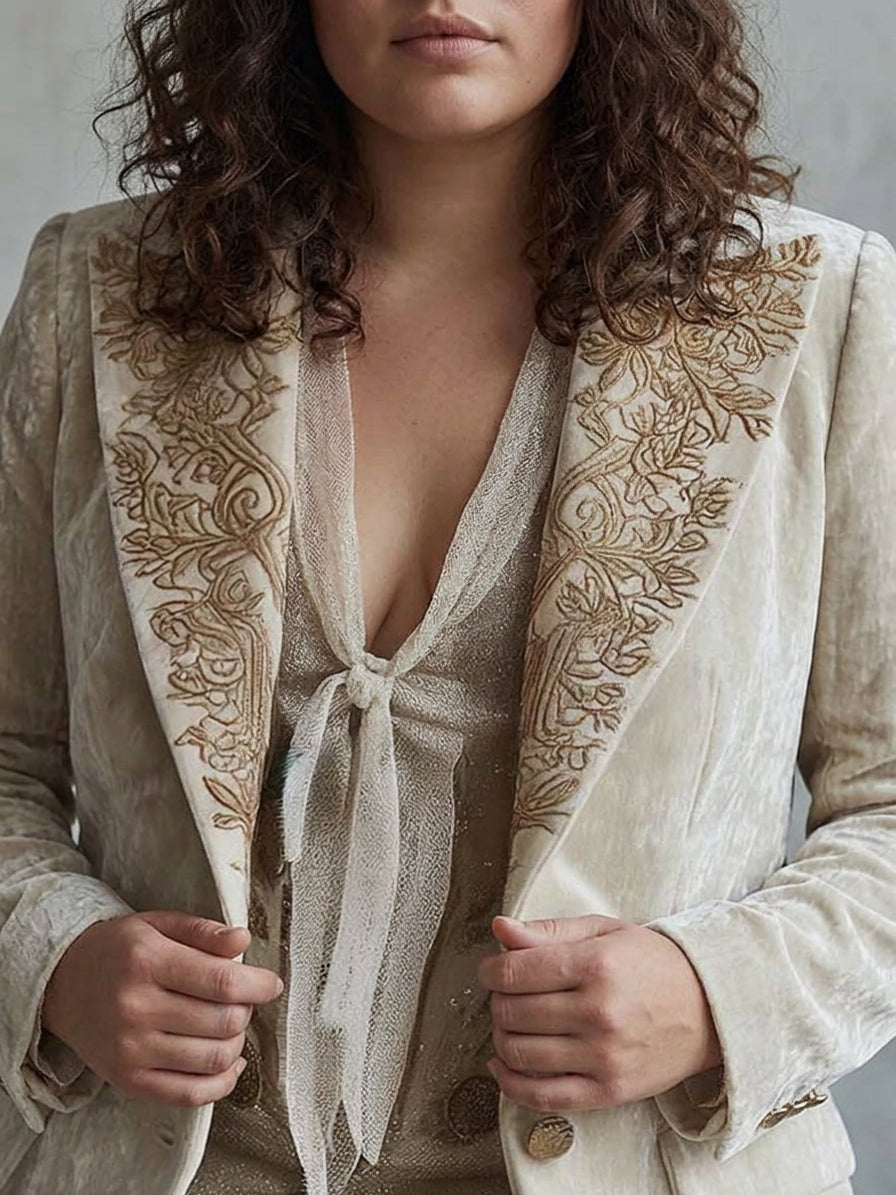 Women’s Ivory Embroidered Tailored Blazer - Plus size model