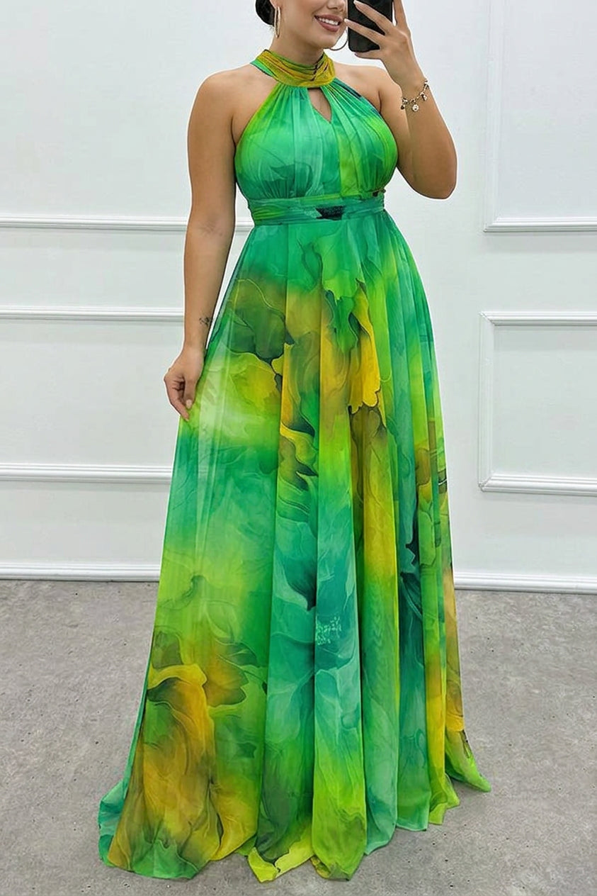 Elaine - Tulle maxi dress with floral print, cut-outs and halterneck - Plus size model