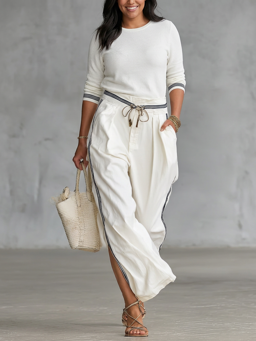 Women's Two-Piece Set: Long Sleeve Sporty T-Shirt with High Neck and Loose Pants with Drawstring - Plus size model